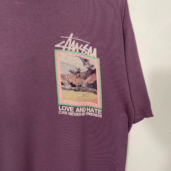Stussy "Love and Hate" Short Sleeve Graphic Crew Tee Lavender men's size Large - Picture 3 of 6